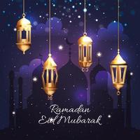 ramadan kareem poster with hanging lanterns vector