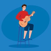 young man playing guitar sitting in a chair vector
