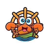 Cartoon character seafood crab traveling with a boat in ocean vector