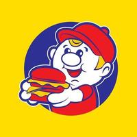 Burger delivery boy mascot holding a big yummy burger vector