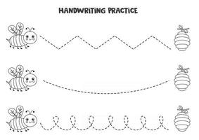 Tracing lines with black and white cute bee Writing practice vector