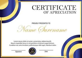 Plantilla de certificado de apreciación de premio de diploma profesional en estilo azul dorado vector