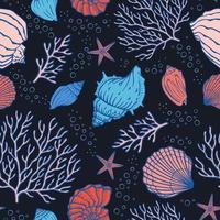 Seamless pattern with seashells corals and starfishes Marine background Perfect for greetings invitations manufacture wrapping paper textile and web design vector