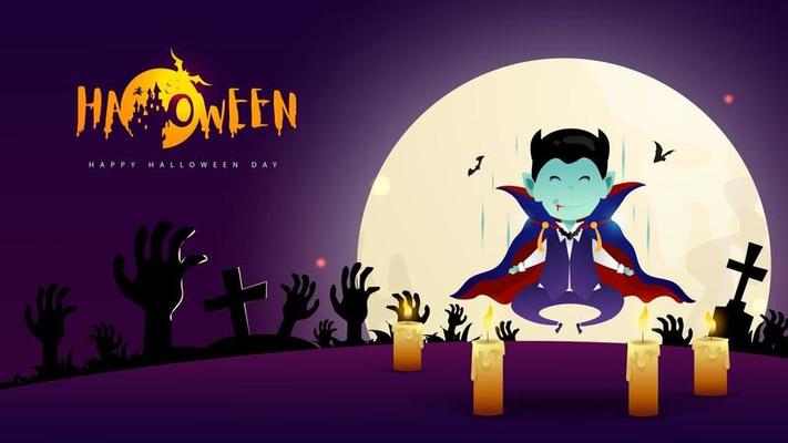 Happy Halloween day with dracula vampire character design and fullmoon on night background Vector