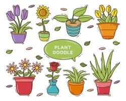 conjunto de diseño de doodle de dibujos animados de plantas dibujadas a mano vector