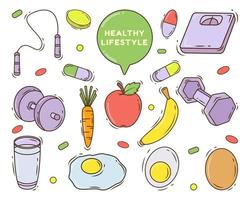 Set of hand drawn healthy lifestyle cartoon doodle style vector