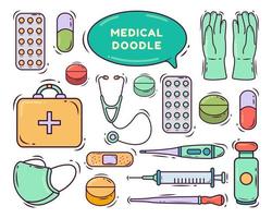 conjunto de dibujos animados médicos dibujados a mano estilo doodle vector