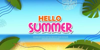 Hello summer banner poster with illustration of tropical beach with leaves decoration vector