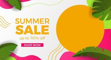 Basic RGBHello summer sale offer banner promotion with wave curve shapes with memphis abstract style and leaves illustration vector