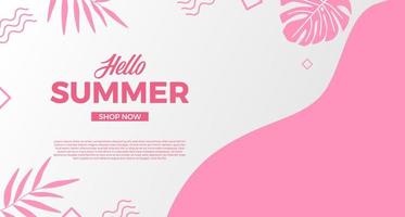 Basic RGBHello summer sale offer banner promotion with wave curve shape with memphis abstract style and leaves illustration vector