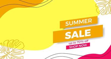 Hello summer sale offer banner promotion with wave curve shapes with memphis abstract style and leaves illustration vector