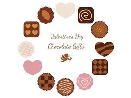 Variedad de chocolates dispuestos como un marco redondo del día de San Valentín aislado sobre un fondo blanco. vector