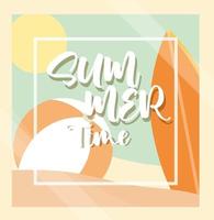 hello summer banner surfboard beach ball sun season vacations travel concept vector