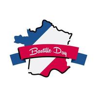 Cinta del día de la bastilla con línea de mapa de Francia y diseño de vector de icono de estilo de relleno