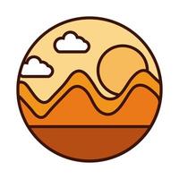 landscape nature sunset mountains scene line and fill icon vector