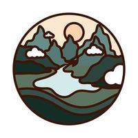 landscape nature rive mountains valley scene line and fill icon vector