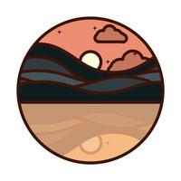 landscape nature sunset hills river reflection scene line and fill icon vector