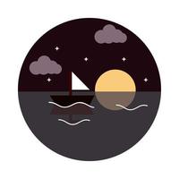 landscape nature night moon stars sailboat sea flat style icon vector