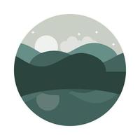 paisaje, naturaleza, colinas, sol, lago, panorámico, plano, estilo, icono vector