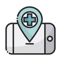 aplicación de puntero de ubicación de teléfono inteligente línea médica de atención médica e icono de relleno vector