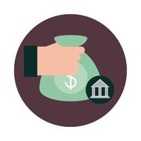 mobile banking hand with money bag investment bank block style icon vector