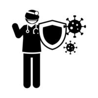 coronavirus covid 19 médico escudo protección prevención salud silueta estilo icono vector