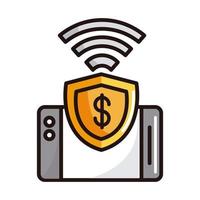 smartphone shield protection shopping or payment mobile banking line and fill icon vector