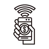 mano con smartphone internet dinero compras o pago icono de estilo de línea de banca móvil vector