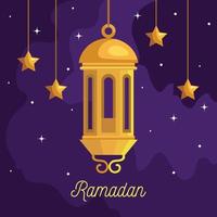 ramadan kareem poster with lantern and hanging stars vector