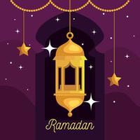 ramadan kareem poster with lantern and hanging stars vector