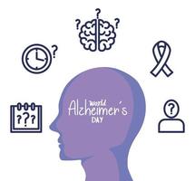 día mundial del alzheimer con cabeza de perfil e iconos vector