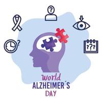 día mundial del alzheimer con cabeza de perfil e iconos vector