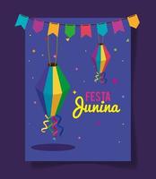 festa junina poster with lanterns and hanging garland vector