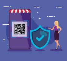 smartphone scans qr code with businesswoman and shield vector