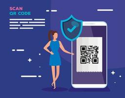 smartphone scans qr code with businesswoman and shield vector