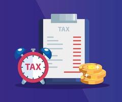 document of paid tax with pile of coins and alarm clock vector