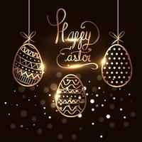 happy easter card with golden hanging eggs vector