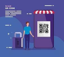 smartphone scans qr code with businessman and padlock vector
