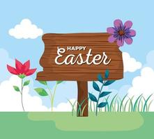 happy easter lettering in wooden label vector