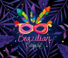 poster of brazilian carnival with mask and tropical leaves vector