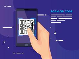hand user scans code qr with smartphone vector