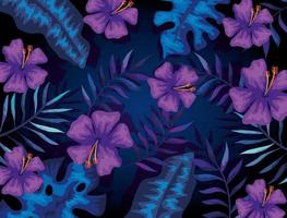 background of purple flowers and tropical leaves vector