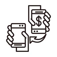 hands with smartphones devices transfer money shopping or payment mobile banking line style icon vector
