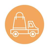 camión con bolsa de compras transporte de carga envío relacionado entrega icono de estilo de bloque vector