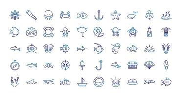 marine life nautical sea animals and equipment thick line blue icons vector