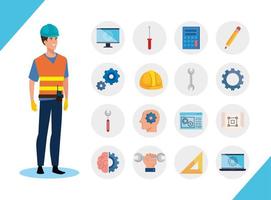 engineer man with working icons set vector