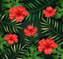 background of red flowers and tropical leaves vector