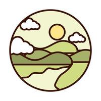 landscape nature sun river mountains line and fill icon vector