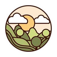 landscape nature mountains round trees forest sun line and fill icon vector