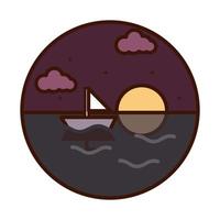 landscape nature night moon stars sailboat sea line and fill icon vector